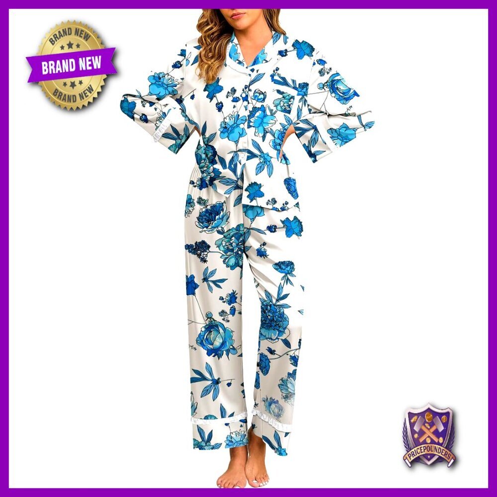 Silk Satin Pajama Set Long Sleeve 2 Piece Button Down Soft Loungewear XL
